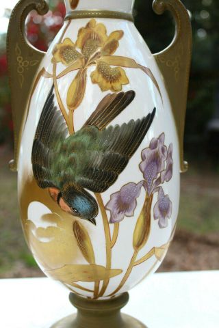 18th C Antique 13 1/4 " T 2 - Handled Austrian Bohemian Porcelain Vase Bird Iris