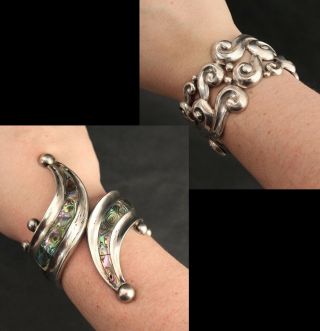 2 Large Antique Mexican Sterling Silver Hand Crafted Cuff Bracelets W/ Abalone