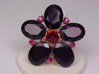 Vintage Signed Liz Claiborne Goldtone & Purple/pink/red Rhinestone Flower Brooch