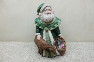 Vintage Hand Painted Ceramic Santa Claus With Reindeer & Toy Bag
