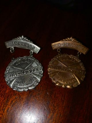 2 Winchester Pro - Marksman Junior Rifle Corps Circa 1923 Medal Award Badge Pin