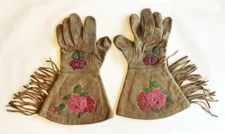 Antique Gauntlets Gloves Native American Beaded Leather With Fringe