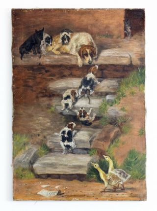 Antique Late 19th Century Oil On Canvas Of A Dog With Puppies In A Farm Yard