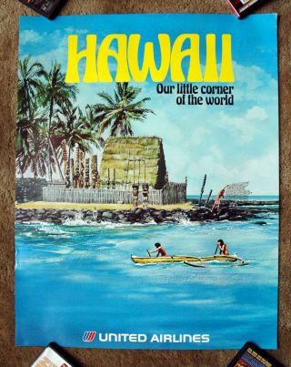 Vintage 1970s United Airline Hawaii Travel Poster Railway Train Art Air