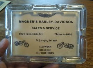 Rare 1950s Harley - Davidson Dealership Heavy Glass Ashtray.  St Joseph,  Missouri