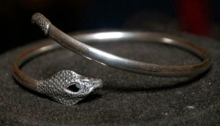 Finest Antique Edwardian Solid Silver Garnet Snake Bangle 
