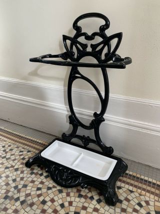 French Art Nouveau Cast Iron Umbrella Cane Stick Stand Black Enamel