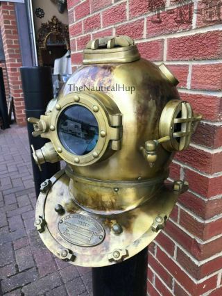 Antique Brass Scuba Marine Diving Divers Helmet Us Navy Mark V Full Size 18
