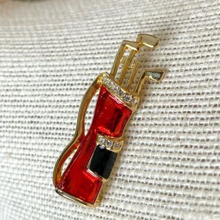 Vintage Golf Clubs Brooch Gold Tone Red Enamel Rhinestone Accent Pin