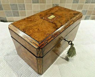 Victorian Tunbridge Ware Inlaid Burr Walnut Box Relined For General Use With Key