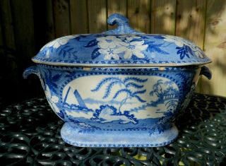Antique 19thc Blue & White Pearlglazed Soup Tureen " The Lion Hunter " C1815