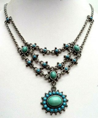 Stunning Vintage Estate Silver Tone Turquoise Bead Flower 19 " Necklace 3987i