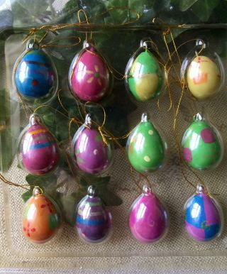 Vintage Set 12 Mini Wood Wooden Bright Hand - Painted Easter Egg Ornaments