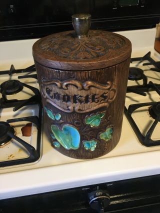Vintage Treasure Craft Cookie Jar Apples Wooden Barrel Kitchen Ceramic