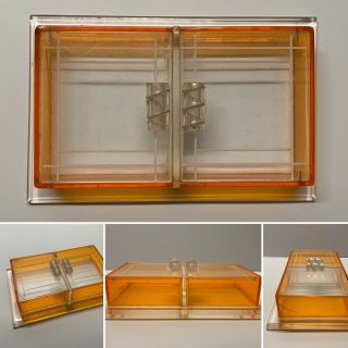 Art Deco 1940s Orange & Clear Lucite Box Vintage Jewelry Vanity Trinket Box