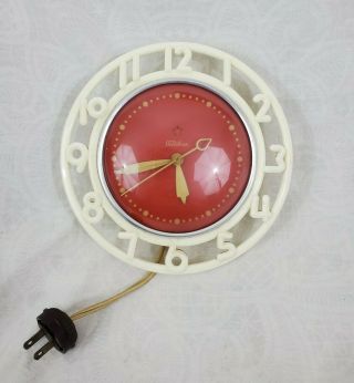 Vtg 1945 Mcm Ge Telechron Kitchen Wall Clock Model 2h21 Red Face White