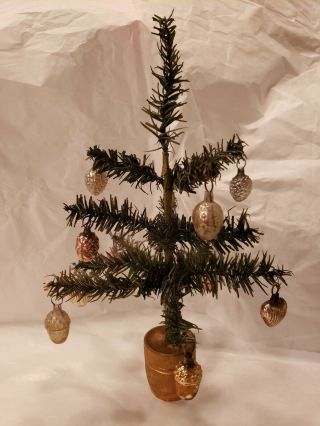 10 " Antique German Goose Feather Christmas Tree &1930s Miniature Glass Ornaments
