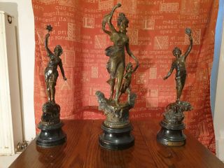 3 Lovely Antique Victorian Spelter Figurines Patinated Finish