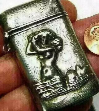Erotica Nude Mermaid Match Safe Sterling Silver Old Vesta Case Repousse 24g G043