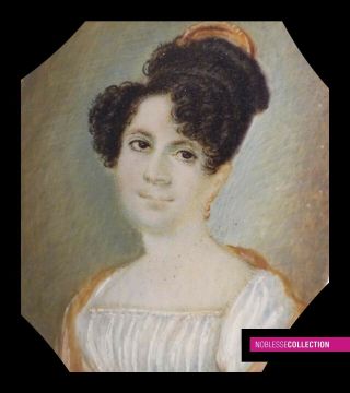 Antique 1820s French Miniature Painting Watercolor & Gouache Portrait Of A Lady