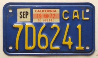 1972 - California Motorcycle License Plate Tag - Vg,