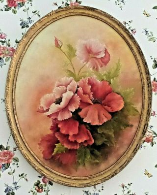 Vintage Floral Oil On Canvas Framed In Wood Gold Gesso Oval Frame