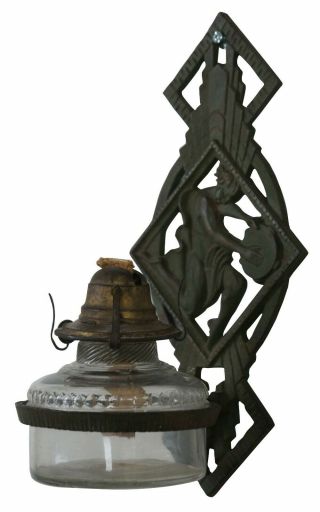 Antique Verona Cast Iron Art Deco Figural Oil Lamp Sconce Bracket