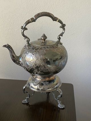 Victorian Antique Spirit Kettle Silver Plate Tea Pot On Tilting Stand W/ Burner