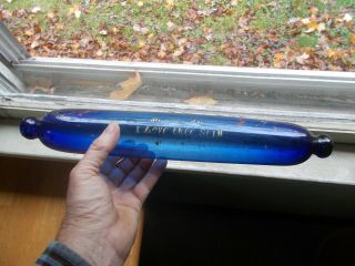 1840s Early Cobalt Blue Blown Glass Rolling Pin " I Love Thee Still "