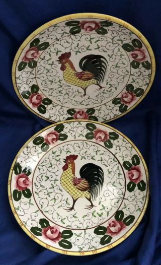 Vintage Ceramic Rooster Set Of 2 Plates Servers Shallow Bowls Roses Vibrant