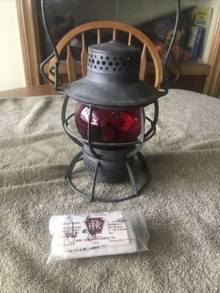 Vintage Prr Railroad Stamped Dressel Lantern W/ Red Globe And First Aid Bandage