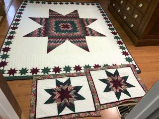 Vintage Machine Sewn Large Star Quilt And 2 Pillow Shams Made In China