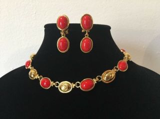 Vintage Liz Claiborne Gold Red Lucite Cabochon Link Necklace & Clip Earring Set