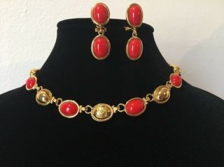 Vintage Liz Claiborne Gold Red Lucite Cabochon Link Necklace & Clip Earring Set 2