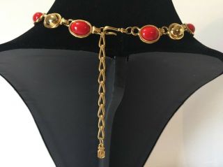 Vintage Liz Claiborne Gold Red Lucite Cabochon Link Necklace & Clip Earring Set 3