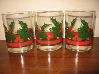 Set 3 Vintage Libbey Christmas Holly & Berry Old Fashion Drinking Glasses 12 Oz