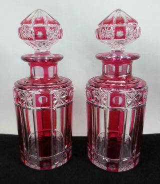 1920s Cristalleries De Nancy France Cranberry Cut To Clear Glass Perfume Bottles