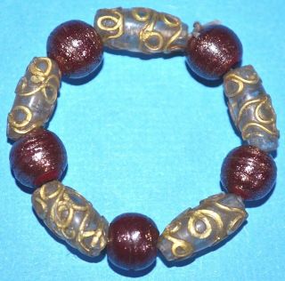 Antique Venetian Brick Red Beads W Gold & Clear Beads Gold Spirals African Trade
