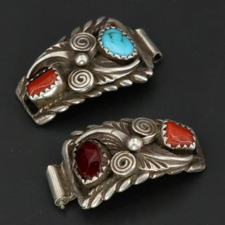 Vtg Sterling Silver - Navajo Turquoise & Coral Spiral Feather Watch Tips - 8g