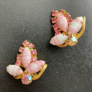 D&e Juliana Vintage Pink Art Glass Flower Rhinestone Gold Tone Clip Earrings 683
