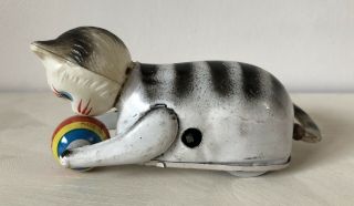 Vintage 1940’s Japanese Tin Wind - Up Toy White Striped Cat Playing With Ball