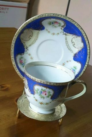 Vintage Occupied Japan Blue & Pink Demitasse Tea Cup & Saucer Set Handpainted