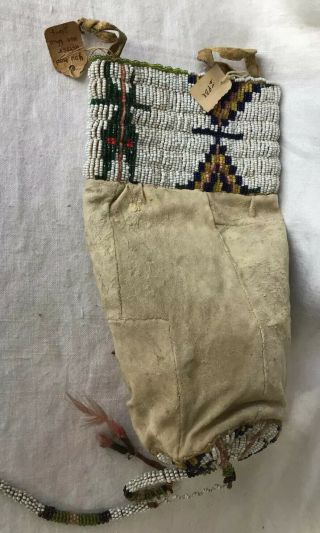 Antique Native American SIOUX Indian Beaded Hide Leather Bag Pouch 3