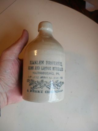 Antique Pre - Pro Stoneware Hanlen Bros.  Harrisburg,  Pa Christmas Whiskey Jug
