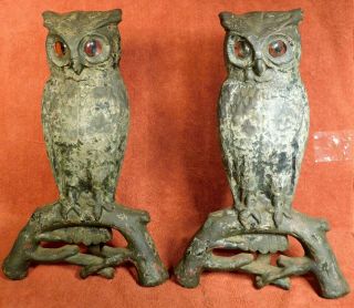 Set Antique Arts Crafts Cast Iron Figural Owl Andirons Pair Glass Eyes Old Paint