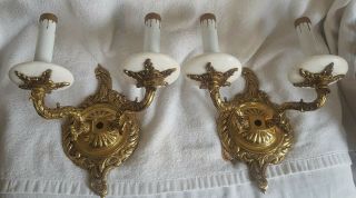 Vintage Brass & Alabaster Pair Electric Wall Sconce S French Design Rococo