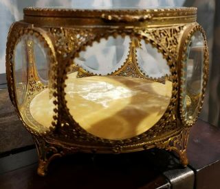 Antique French Ormolu Beveled Glass Jewelry Casket W Velvet Lining - Wow