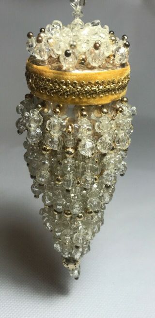 Vintage Hand Beaded Gold Clear Hanging Christmas Ornament Chandelier Style