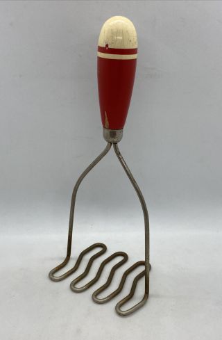 Vintage Potato Masher With Red And Cream Wood Handle 10” Long