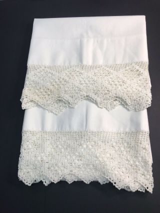 Vintage White Cotton Pillowcases With Crocheted Lace Edge